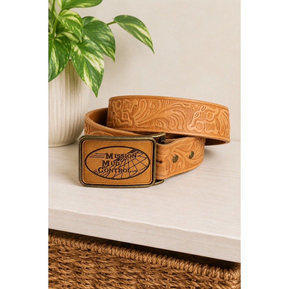Vintage Mission Mud Control Alberta Oilfield Tooled Leather Western Belt Buckle